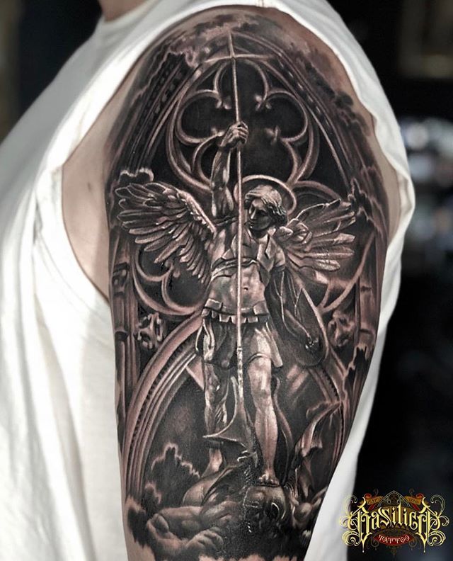 Update Finished my St Michael halfsleeve added background Done by  Phillip at Phat Buddha in Markham Canada  rtattoos
