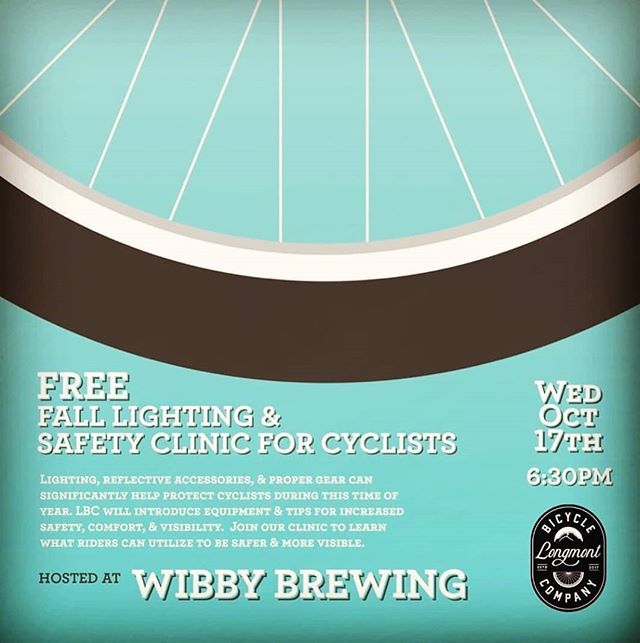 LongmontBicycle's tweet photo. Join us @wibbybrewing Wednesday Oct. 17th at 6:30pm for a FREE fall lighting and safety clinic. We're super excited for an evening of #BikesAndBrews! .
.
#Longmont #LongmontCO #LongmontColorado #LongLiveLongmont #LongmontLovesLocal #LoCoLove https://t.co/4lf0BqlPm1 https://t.co/OCcY6n07Cc