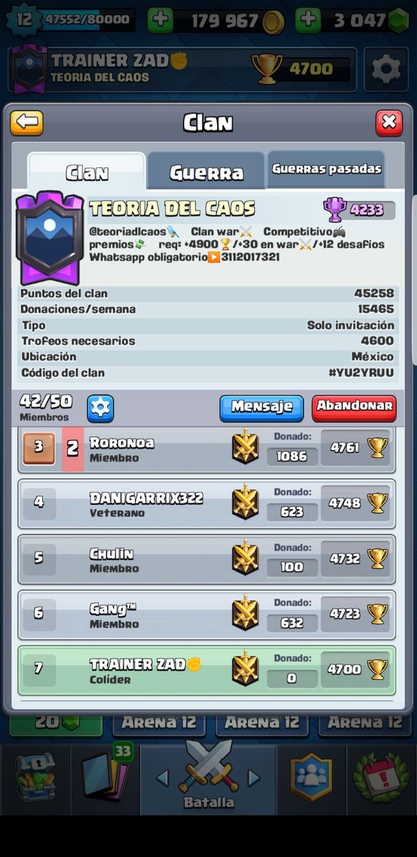 Tienes arriba de 4600 Y récord  de más de 5000 , es tu oportunidad de estar en u  clan top de México. 
Clan especialista en Guerras. Únete  <a href="/teoriadlcaos/">TEORIA DEL CAOS</a> @OPLIUCLASHROYAL <a href="/CABOSKY_YT/">CABO</a>