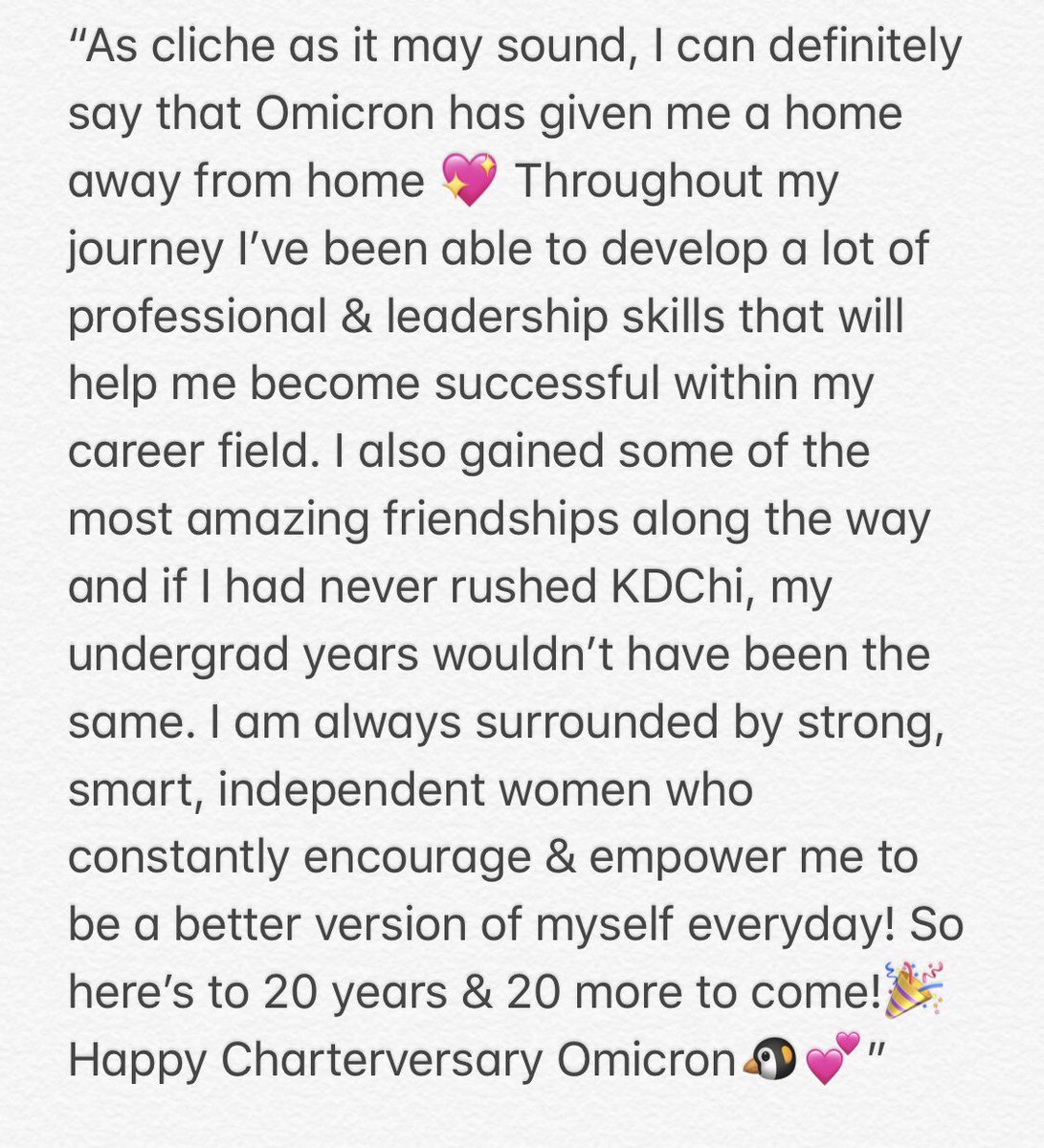 TxStateKDChi's tweet photo. Here’s what Omicron means to our sister Stephanie Gallegos, Alpha Lambda Fall ‘16 🐧💕✨🎉 #chapterversary #omicronturns20 https://t.co/FB3q8wu1cN