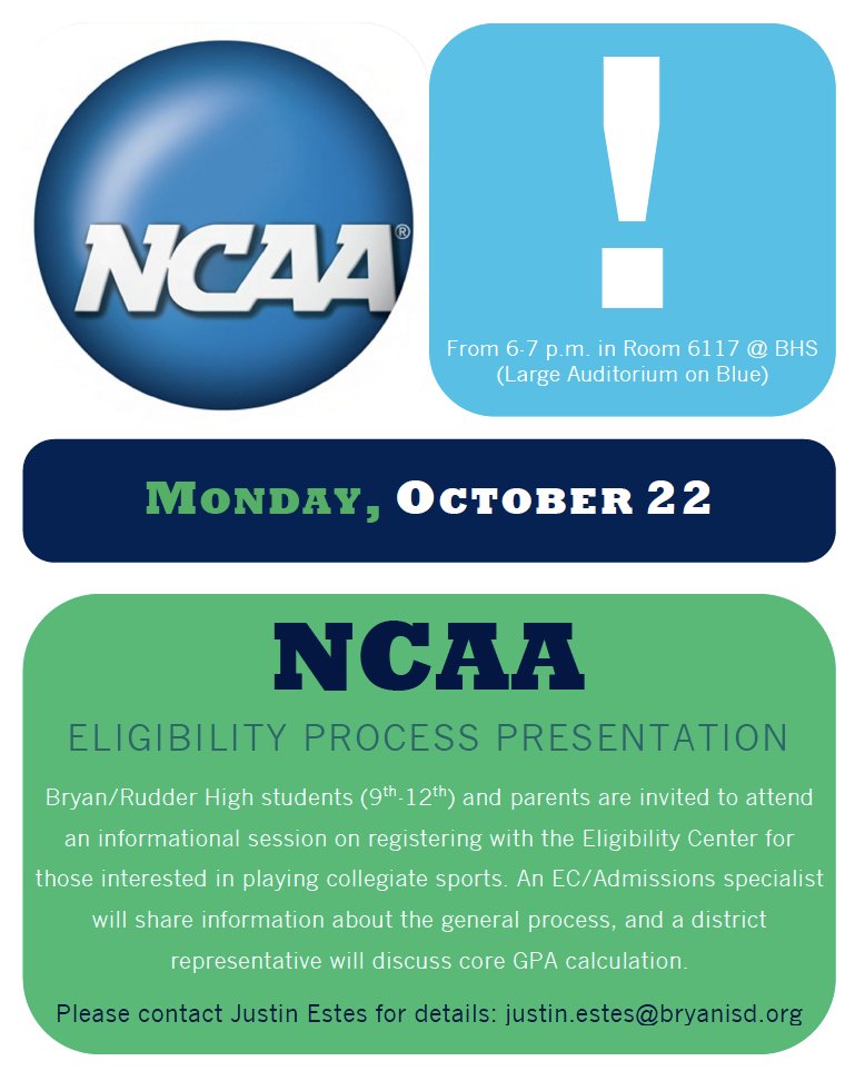 BHSAdvisors's tweet photo. Student-athletes, mark your calendars for the upcoming NCAA Seminar if you're interested in playing sports at the collegiate level! @BryanISD @BryanISDSports @LaneBuban @Mario_Bye https://t.co/eTeUb6Rkur
