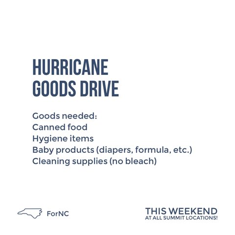 SummitBRC's tweet image. This weekend we will be collecting donations for those affected by Hurricane Florence! Check out summitrdu.com/florence and fornc.org to learn more about how you can get involved.