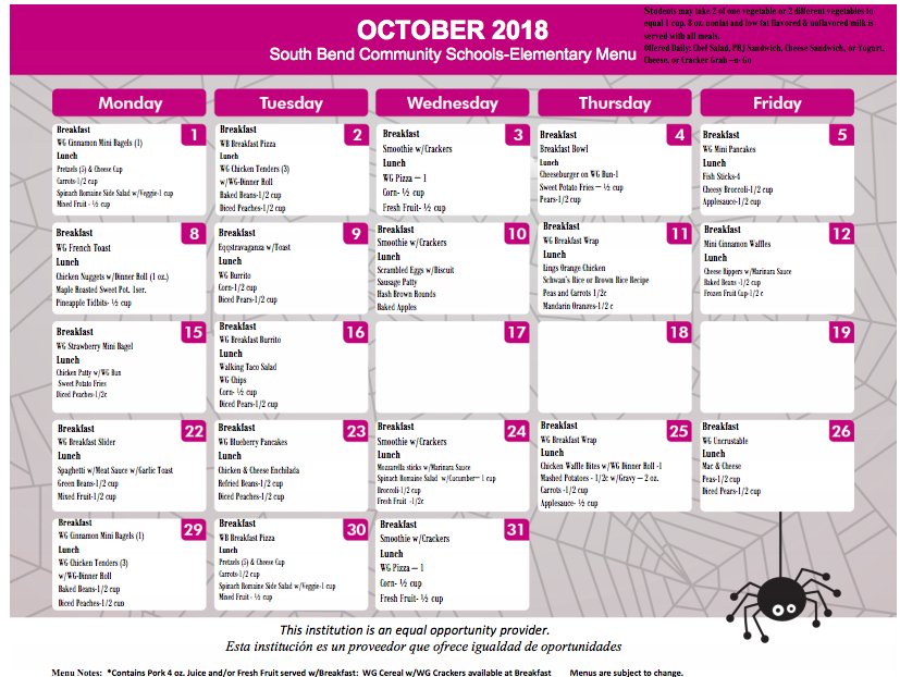 SwansonTES's tweet photo. Here is the @SouthBendCSC October Lunch Menu for Elementary Schools. #TeamSouthBend https://t.co/EBbRq92Y71