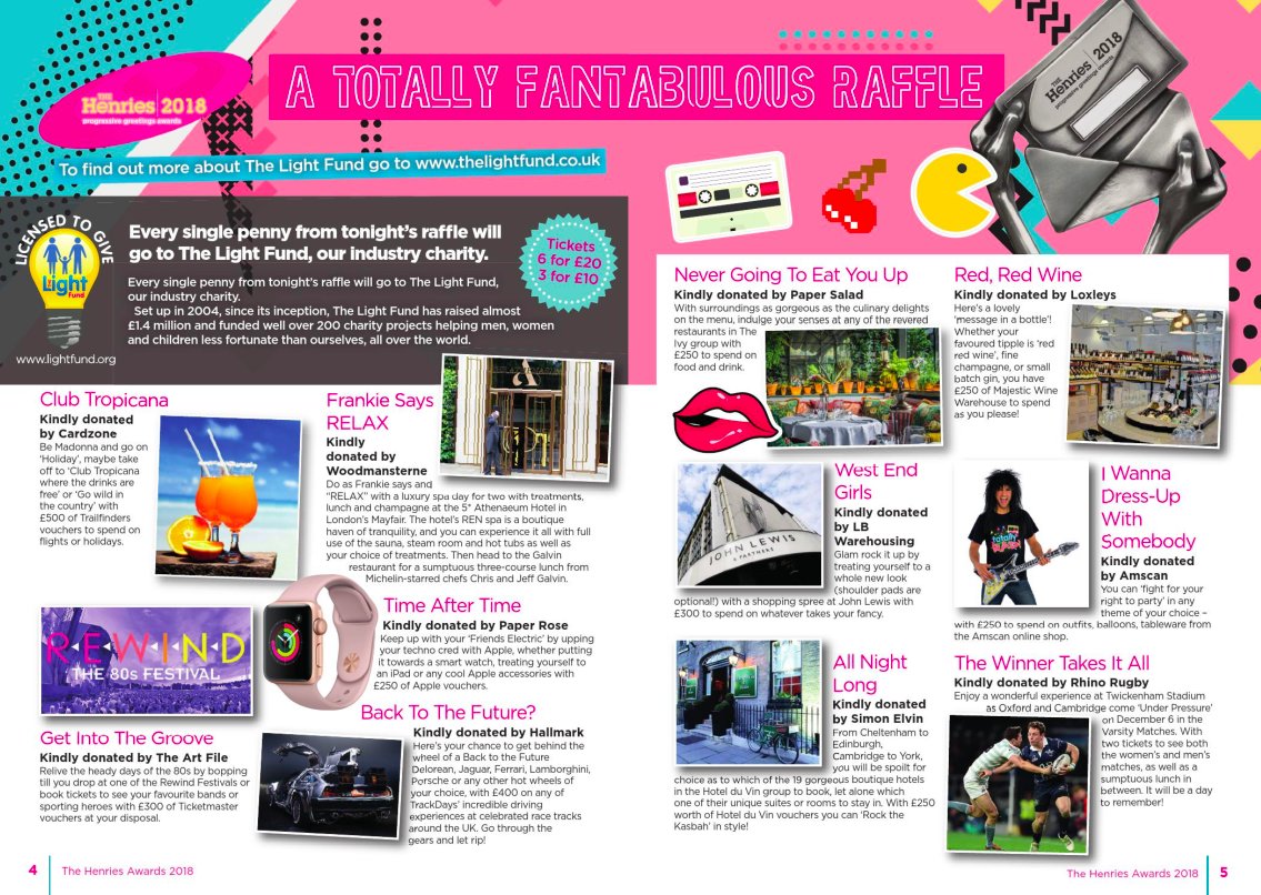 Don't forget, we've got the fabulous <a href="/thelightfund/">The Light Fund</a> raffle coming up at the #Henries18. Some fantastic prizes donated by some wonderful friends and colleagues, all to raise money for very worthy causes. Dig deep, folks 💰