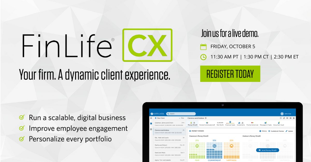 Jason_Gordo's tweet photo. Help your clients define exactly what they want their money to do with FinLife CX. Join us on 10/5 to learn how you can deliver an exceptional client experience. https://t.co/ZRd9CEx28o https://t.co/paYWT8YAEK