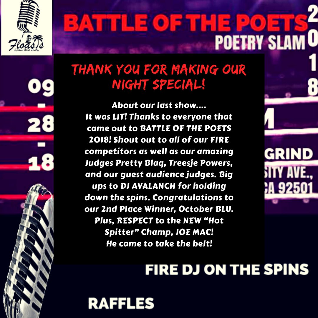 FloasisSW's tweet photo. Thank you for coming out! #floasis #spokenword #poetry #venue #event #battleofthepoets #poets #slam #competition #riverside #coffeeshop #backtothegrind #poets #dj #music #shoutout #thankyou #inlandempire #poetrylovers #september #judgepanel #artists #hotspitter https://t.co/Y39fKaoeev