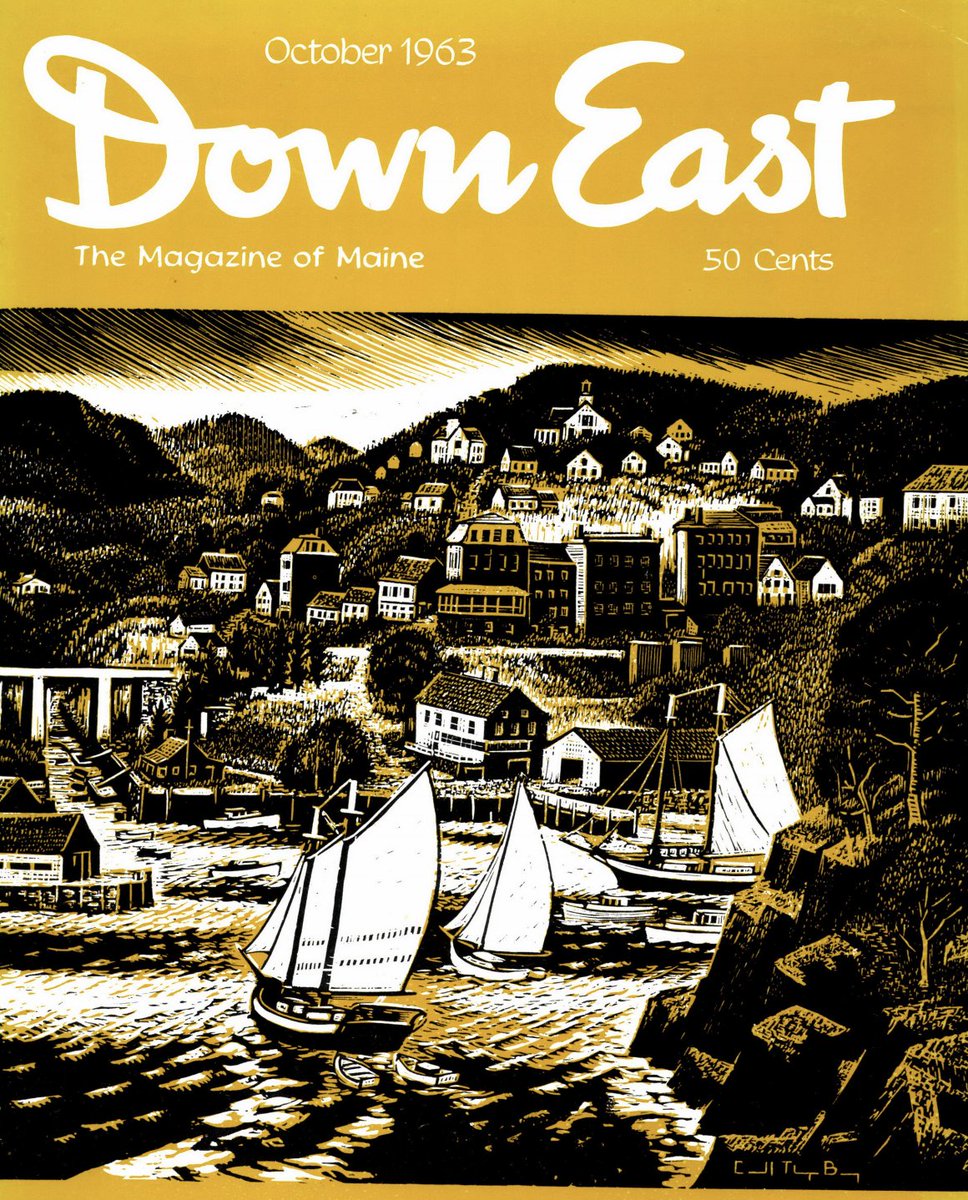 MagazineofMaine's tweet photo. #ThrowbackThursday Our #October1963 cover featured, "Rockport Harbor," by Mainer #CarrollThayerBerry. During World War II he completed a set of murals at #BathIronWorks, and later took up photography, compiling a collection which he donated to the #PenobscotMarineMuseum. https://t.co/G1HTuB4FOV