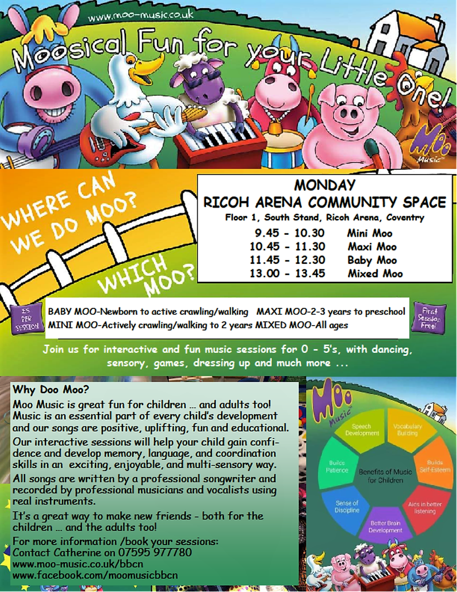 arena_community's tweet image. Your #littleone's can enjoy dancing &amp;amp; singing with Maggie Moo🐮&amp;amp; her friends at next sessions of #MooMusic🐇🎵🐮🎷🐔🎸🐷🎹🐑🎺🐄🎻🦆 🎶🐣
#TheCommunitySpace #RicohArena #Coventry 8th October
Contact▶moo-music.co.uk/areas/bbcn#ses…
to book your space/first free trial session
#covhour