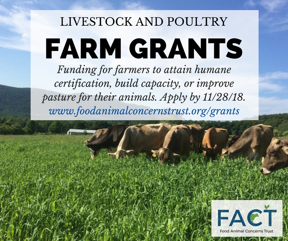 <a href="/Talk_With_FACT/">Food Animal Concerns Trust (FACT)</a> is offering grants for livestock and poultry farmers to attain AWA by AGW certification, build capacity, or improve pasture for their animals. For more information and to apply online visit foodanimalconcernstrust.org/grants/