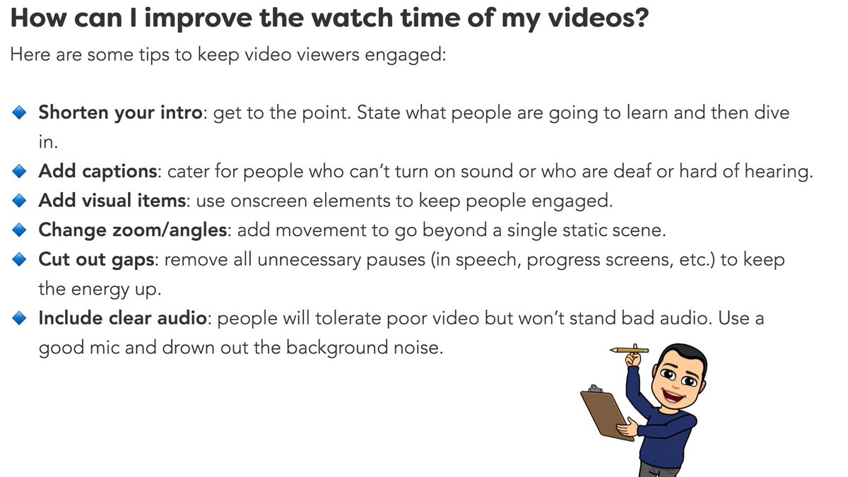 espirian's tweet image. &quot;Get to the point. State what people are going to learn and then dive in.&quot;

Top tips to improve the watch time of your videos: espirian.co.uk/create-video

#UnclogYourBlog