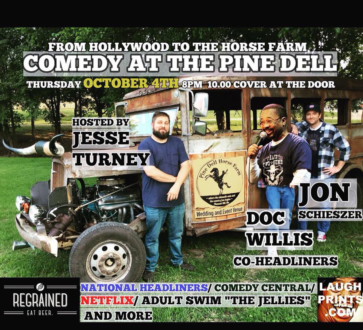JonSchieszer's tweet photo. Tonight #Kc #kansasCity. I’ll be with #JesseTurney @MaeretLemons and special guests.  8pm 10.00 at the door.  Pine Dell Horse Farm in Pleasant Hill. Really really sweet venue so come Laughs it’s ups https://t.co/5KD2zvt0WC