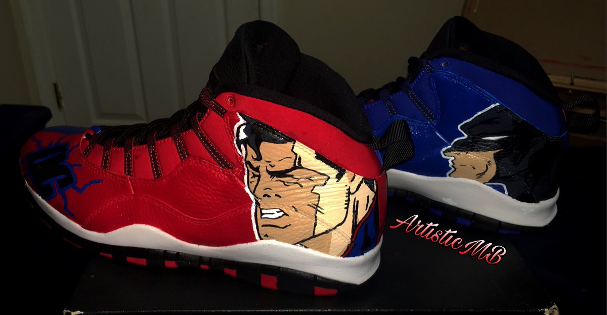 MbArtistic's tweet photo. Jordan 10โs โHalf Red Half Blueโ #Spiderman #Batman #Superman #TheHulk #Customize #Shoes #Jordan #Jordan10s #Paint #Artist #Art #ArtisticMB #MBArtistic https://t.co/PjS64Yx4EK