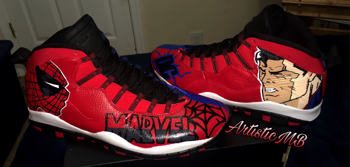 MbArtistic's tweet photo. Jordan 10โs โHalf Red Half Blueโ #Spiderman #Batman #Superman #TheHulk #Customize #Shoes #Jordan #Jordan10s #Paint #Artist #Art #ArtisticMB #MBArtistic https://t.co/PjS64Yx4EK