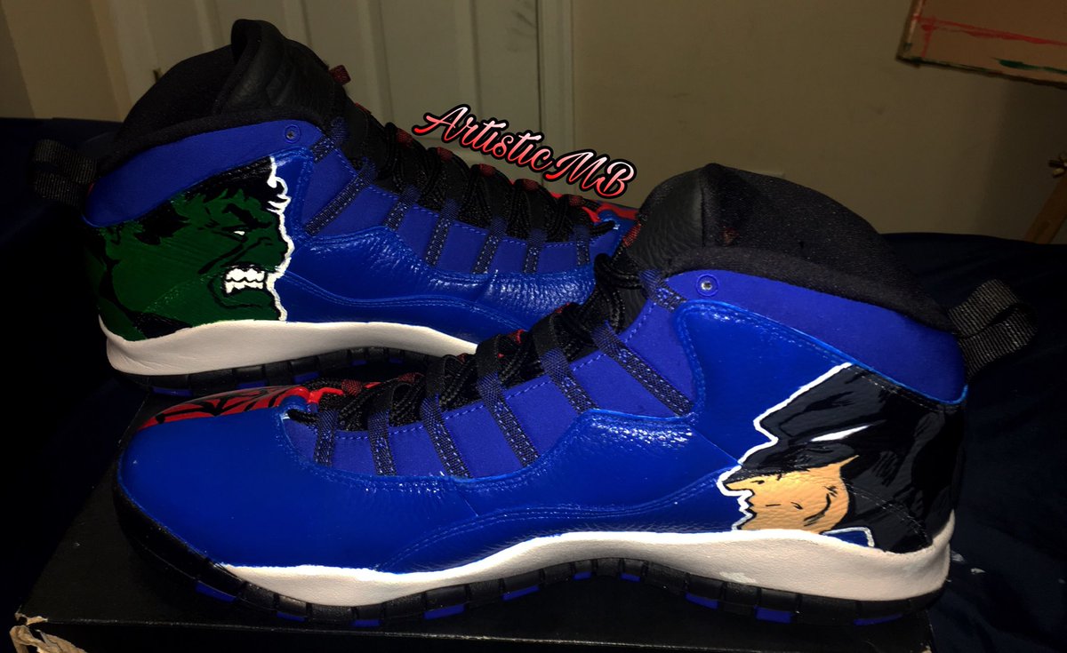 MbArtistic's tweet photo. Jordan 10โs โHalf Red Half Blueโ #Spiderman #Batman #Superman #TheHulk #Customize #Shoes #Jordan #Jordan10s #Paint #Artist #Art #ArtisticMB #MBArtistic https://t.co/PjS64Yx4EK