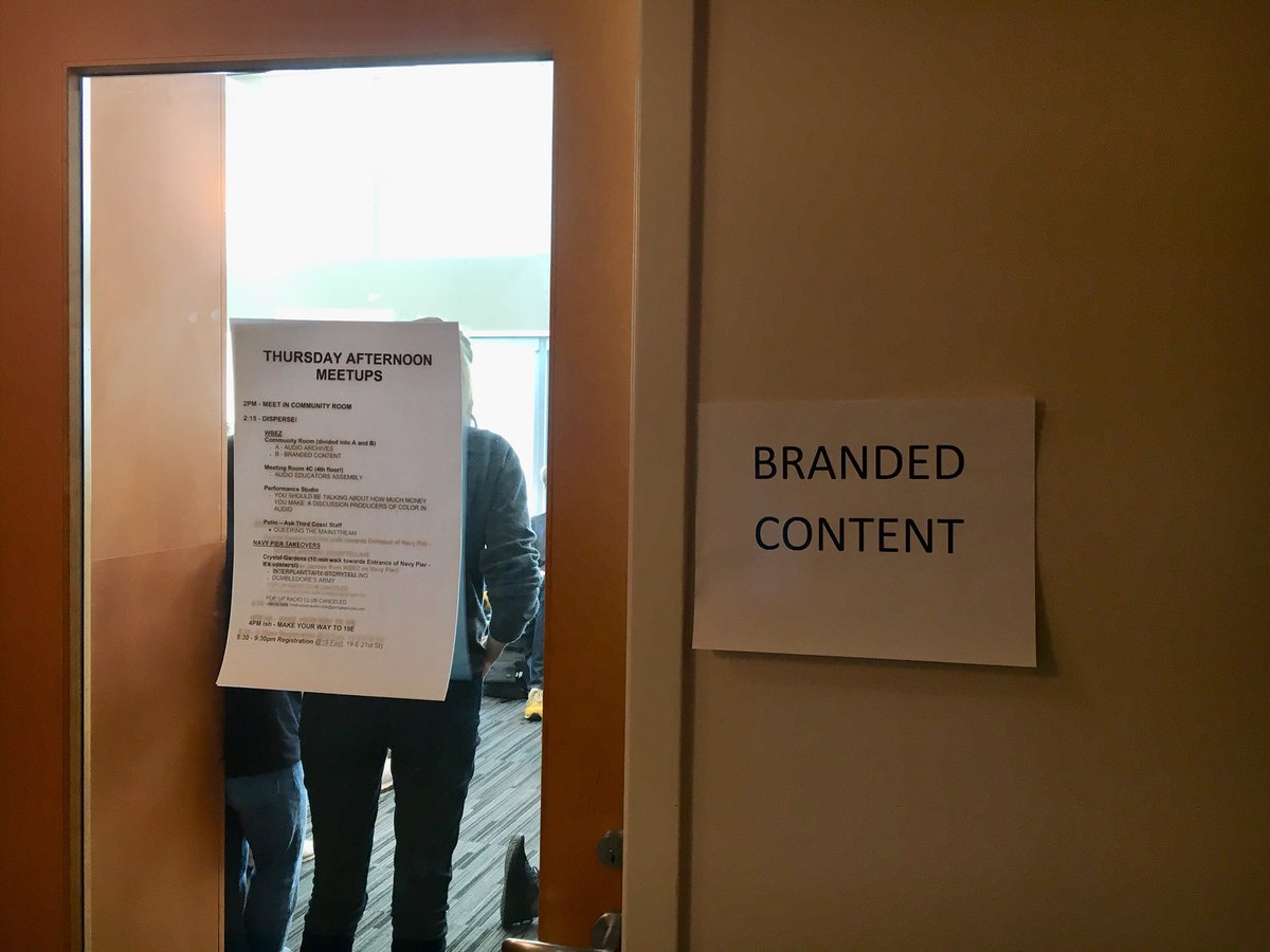 ThirdCoastFest's tweet photo. Producers gather for #ThursdayMeetups at #ThirdCoast18 to talk Branded Content with @nikiwongie & @francesharlow.
"With branded content, every decision you make there's a goal in mind. It's your job to use storytelling to push that further." https://t.co/EIwUE33iw1
