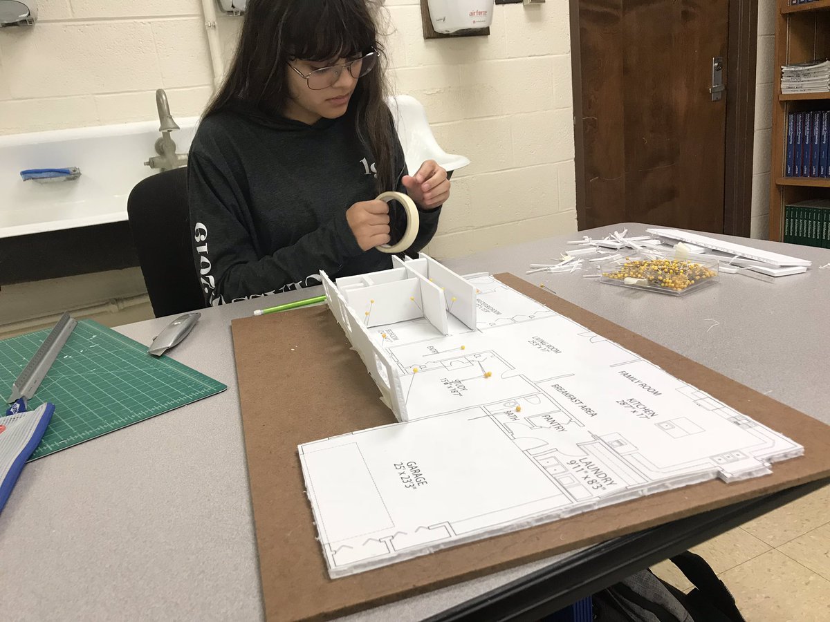 Mr_West_JTHS's tweet photo. These two young ladies are showing off their skills in my advanced drafting class. Plans were developed in @AutodeskRevit and now they are creating #scaled models. #SpatialRecognition #FutureArchitect #GirlsInSTEM #STEM @JTHS_204 https://t.co/ZKXODfdVqo
