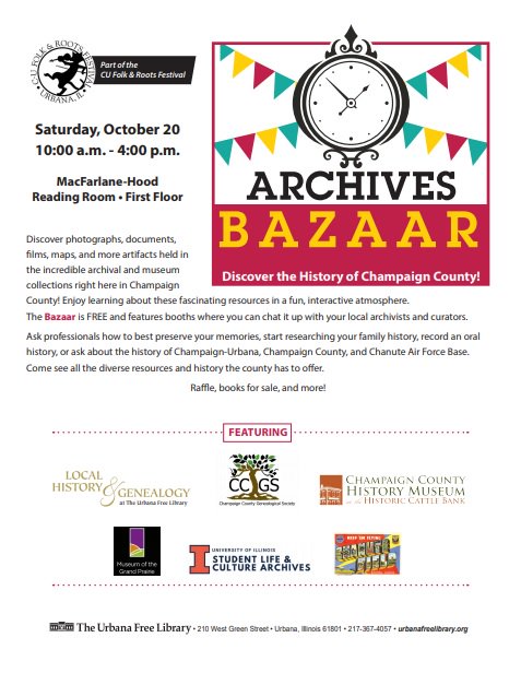 ChampCoHistory's tweet image. We are excited to be taking part in the 2nd annual Archives Bazaar at @UrbanaFree as part of @cufolkroots! Make sure to come out on the 20th to see us! #localhistory #localmuseums #visitchampaigncounty