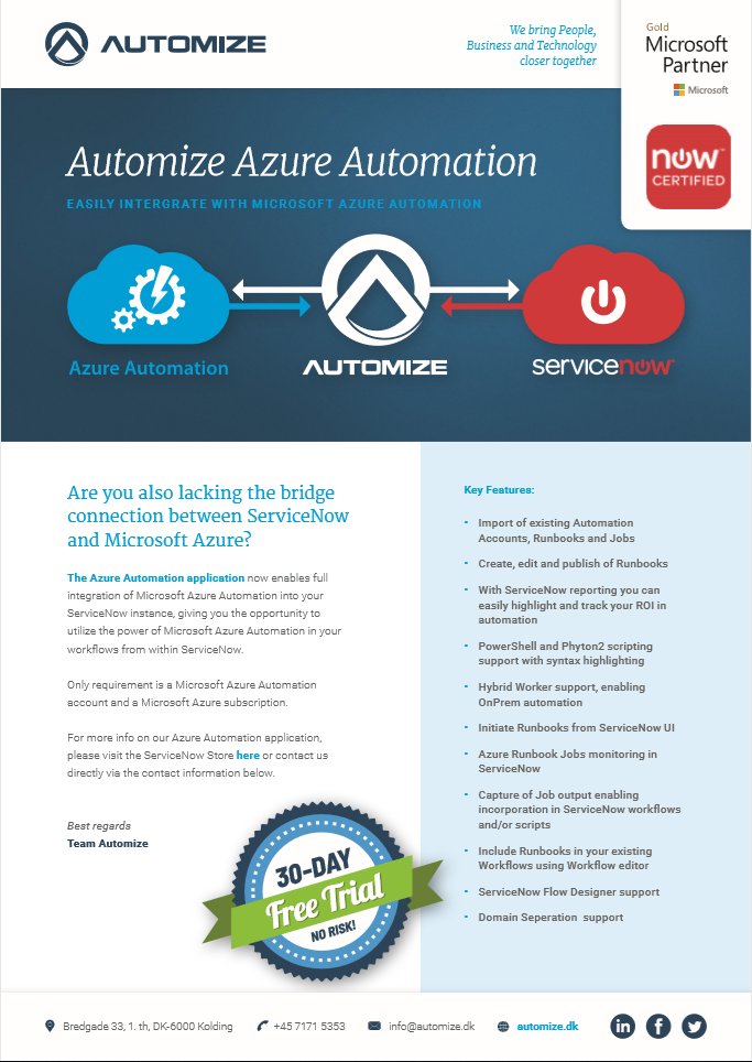 FlemmingRohde's tweet photo. New cool #ServiceNow App is available. Integrate ServiceNow workloads with #AzureAutomation  Try it out! 

Demo video: https://t.co/pr22cOZjap

https://t.co/ahVuF6EUZZ
 @automize_dk #Azure https://t.co/pf8TQZYujD