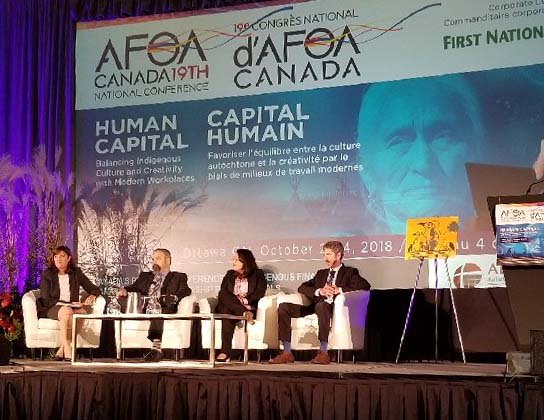 ACFCan's tweet photo. La #ChefDLF du Canada, Jane Rooney, discute l’importance d’améliorer le bien-être financier des Autochtones au Canada à #AFOA2018 avec @rcarrick @ceo_fnf @AFOA_Canada @edehtiar https://t.co/gIU2Iwgx6Y