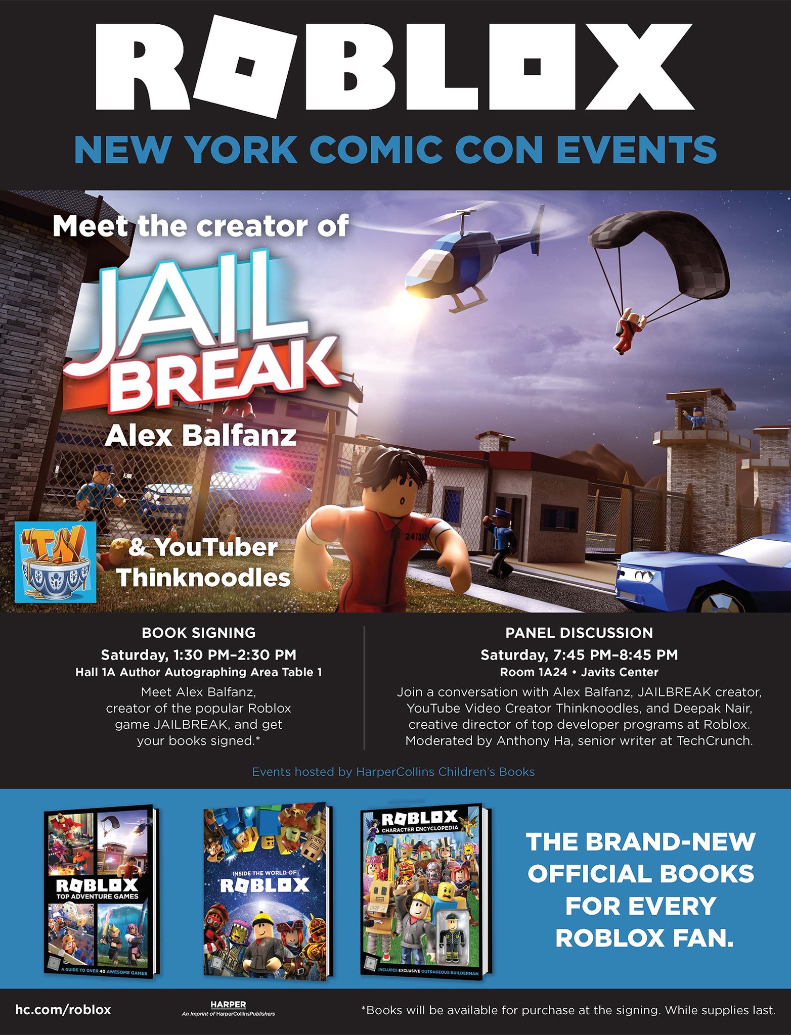 Alex Balfanz On Twitter Hey Jailbreak Fans I M Heading To Nyc For Ny Comic Con With Roblox Book Signing Panel Saturday 10 6 Details Here Https T Co 9bc0prwmaw Nycc Https T Co Itzargmpjt - thinknoodles roblox jailbreak new