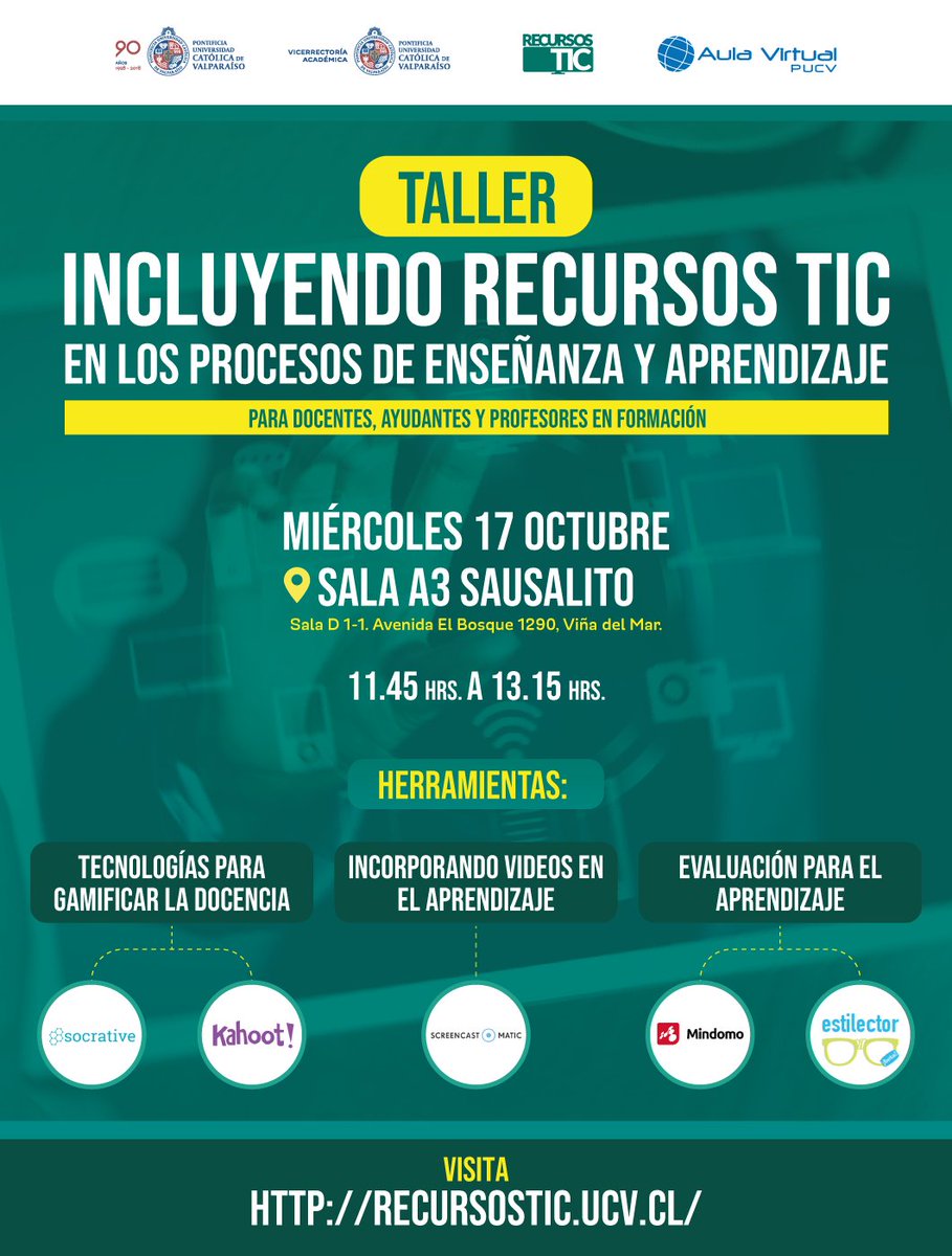 <a href="/aulavirtualpucv/">Aula Virtual PUCV</a> invita a docentes, ayudantes y profesores al "Taller "Incluyendo Recursos Tic en los procesos de enseñanza y aprendizaje"  que formará sobre el uso de recursos digitales para procesos de aprendizaje y de enseñanza. Información en: goo.gl/BcGppt