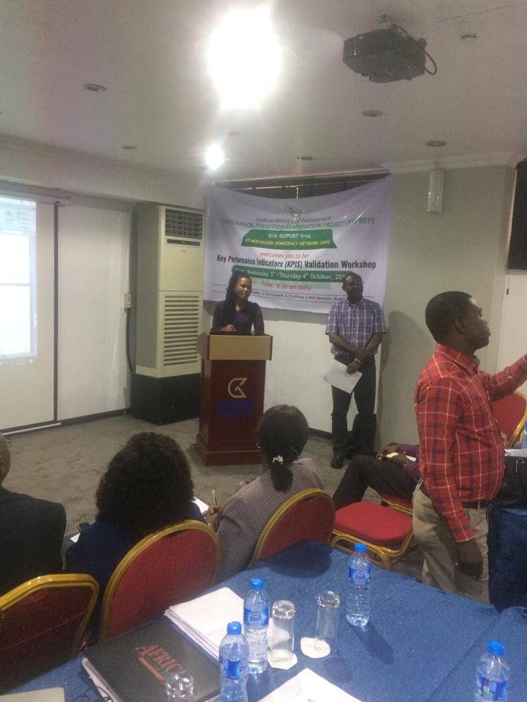 Presentation of group work on revised key performance indicators (KPIs) for Emergency Water Provision at the validation workshop organized by the Fed. Min. of Env. Hydrocarbon Pollution Remediation Project(HYPREP) in collaboration with SDN that's ongoing in ongoing in Ogoni land.