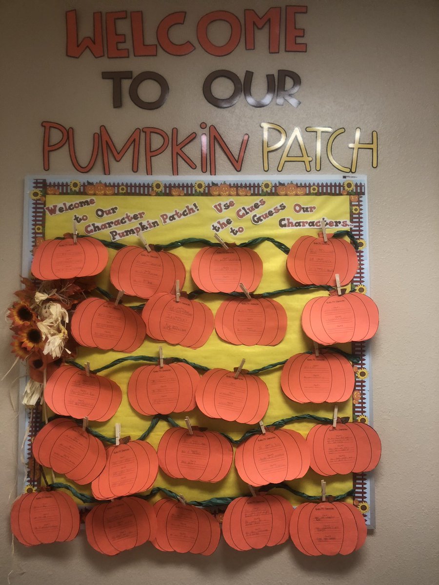 MrsReeceSPE's tweet photo. Welcome to our Character Pumpkin Patch! #happyfall #guessourcharacters #characterunit #secondgradefun @SunsetPalmsElem @Principal_SPES https://t.co/kvOcw8MIWn