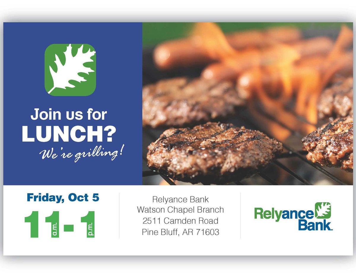 relyancebank's tweet photo. We're grilling in Watson Chapel Friday! Come join us for lunch! #ServingArkansas #RelyanceBank https://t.co/de1r5Zt49a