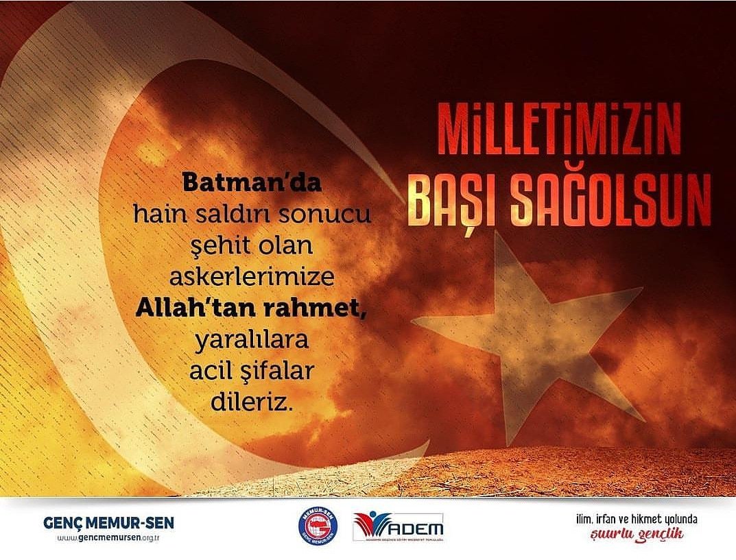 Batman'da askeri aracın geçişi sırasında hain teröristlerce yola tuzaklanan patlayıcının infilak etmesi sonucu Şehit olan askerlerimize Allah'tan rahmet, Şehitlerimizn ailelerine ve milletimize başsağlığı, yaralı askerlerimize acil şifalar dileriz.
