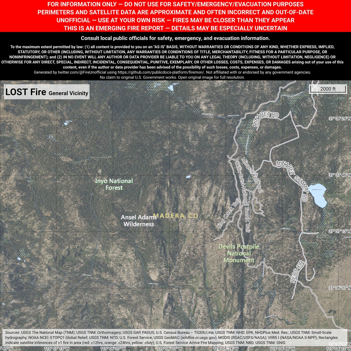 CaliFireBot's tweet image. Unofficial emerging fire report for #LostFire - details may be especially uncertain.
 ~7mi W of Mammoth Lakes, California. ~69mi NNE of Fresno, California. May be incorrect. Consult officials for safety info. Disclaimers in images.