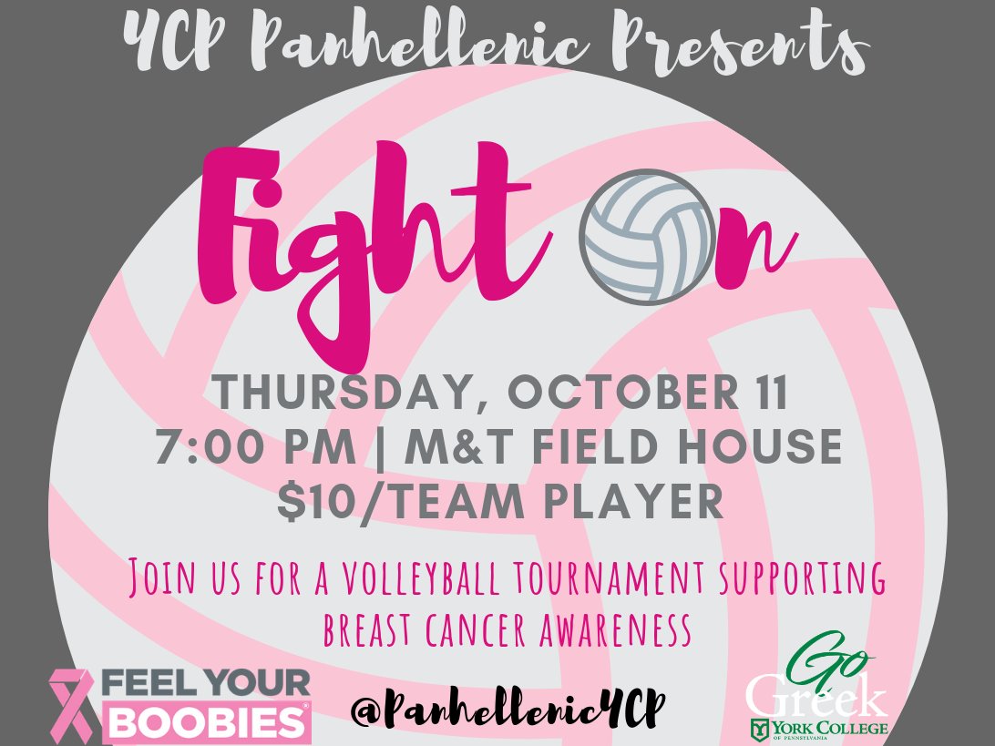 Join us for the Fight On volleyball tournament next Thursday, October 11 for #YCP Bras Across Campus! All proceeds will benefit <a href="/feelyourboobies/">Feel Your Boobies®</a> Join the event here to learn how you can sign up your team today: ow.ly/43UR30m6Bec 
<a href="/yorkcollegepa/">York College of Pennsylvania</a> <a href="/YCPCampusRec/">YCPCampusRec</a> <a href="/YCPSenate/">YCP Student Senate</a>