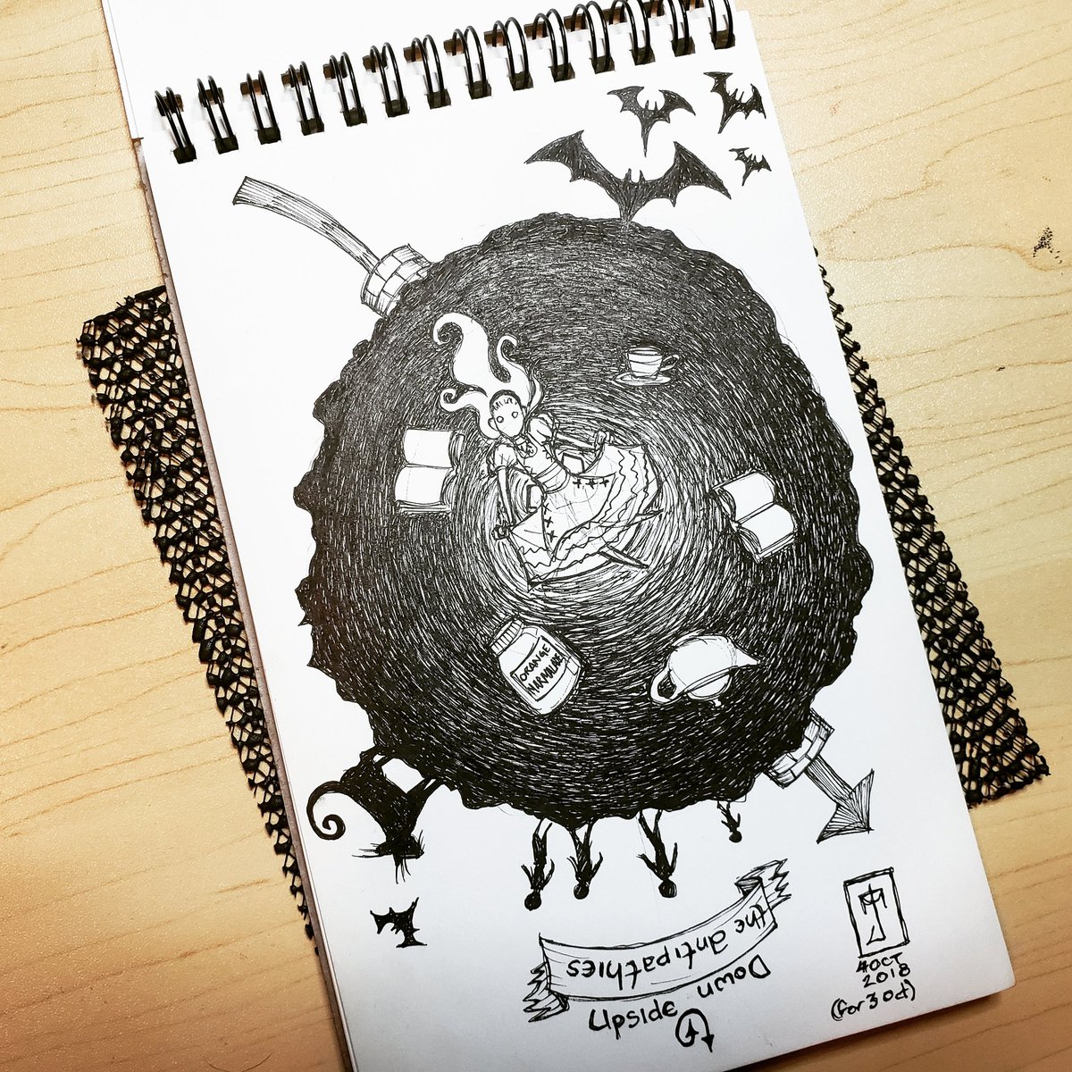 jmdesantis's tweet photo. I was once told I'm "very thorough" and often that I'm detail oriented. If that's true, #AliceinWonderland is going to be a lot of fun! #Inktober #Inktober2018 #Wonderland #details #hiddenreferences "Day 3" https://t.co/JIqiZkAv3B