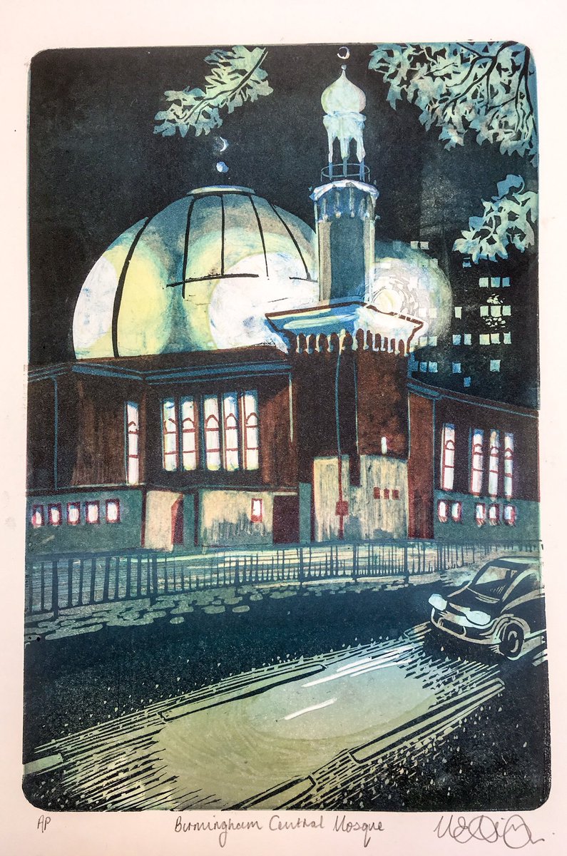 bahutrustuk's tweet photo. A stunning print of Birmingham Central Mosque at night by @Mike_Printmaker. Part of his #100viewsofbirmingham series https://t.co/EXWosQg68v