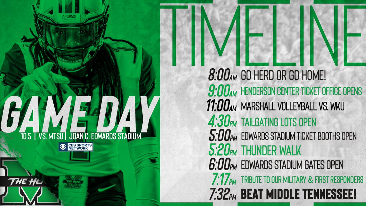 HerdZone's tweet photo. Your #HerdFriday timeline! ⬇️

👉@HerdVolleyball 
🏐 11am vs. WKU

👉@HerdFB
🏈 7:30pm vs. MTSU

Tomorrow is going to be a fun one. #HerdFamily🤘 https://t.co/rShzkbsvux