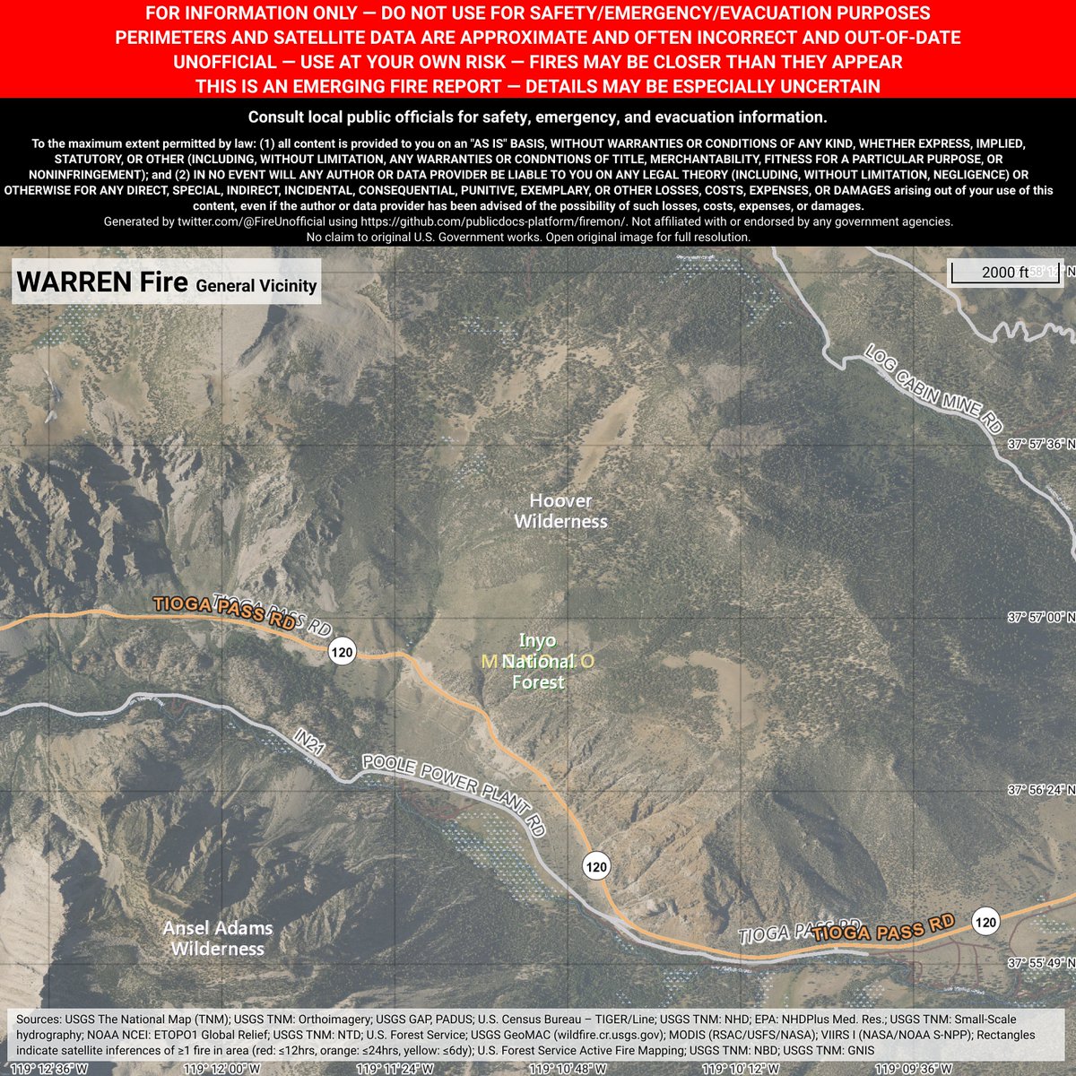 CaliFireBot's tweet image. Unofficial emerging fire report for #WarrenFire - details may be especially uncertain.
 Near Lee Vining, California. ~87mi NNE of Fresno, California. May be incorrect. Consult officials for safety info. Disclaimers in images.