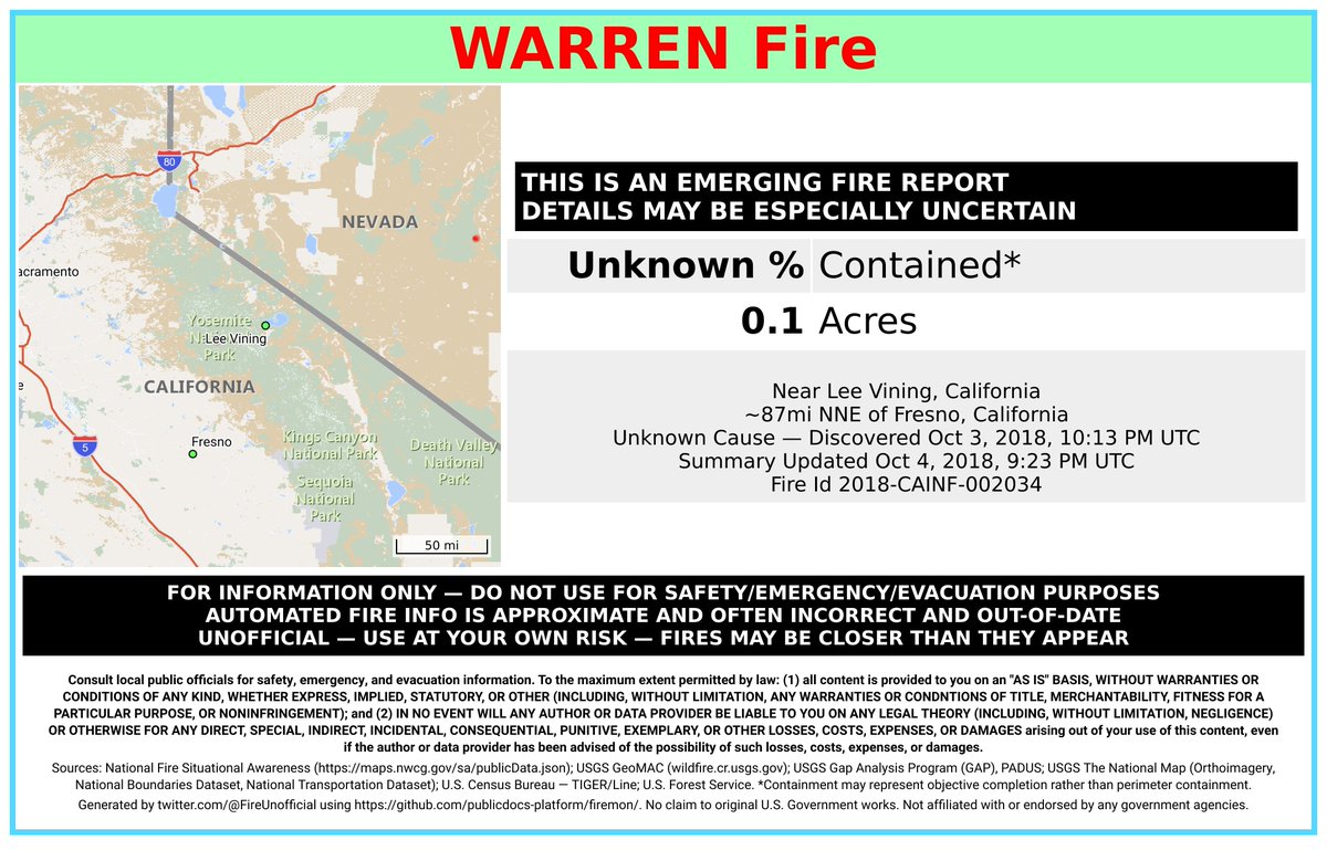 CaliFireBot's tweet image. Unofficial emerging fire report for #WarrenFire - details may be especially uncertain.
 Near Lee Vining, California. ~87mi NNE of Fresno, California. May be incorrect. Consult officials for safety info. Disclaimers in images.