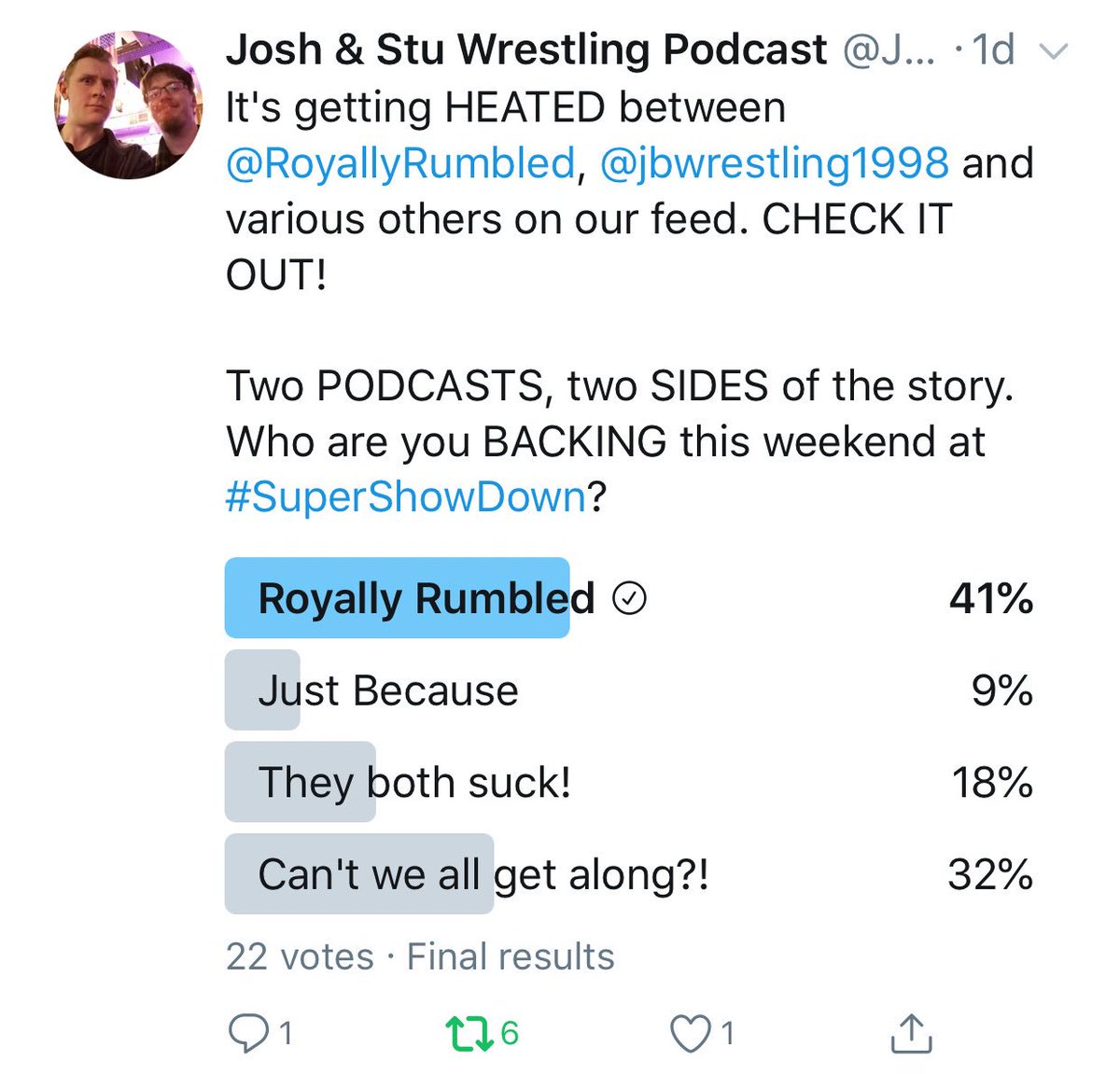 RoyallyRumbled's tweet photo. Let the record show that the @JoshandStuPod #PredictionLeague and the #WWEUniverse LOVE @RoyallyRumbled and GETTING ALONG! 🤗
While also abjectly REJECTING @jbwrestling1998
#WhoKnew
#AndStill
#NGIAGAO https://t.co/7jFKH4J90N