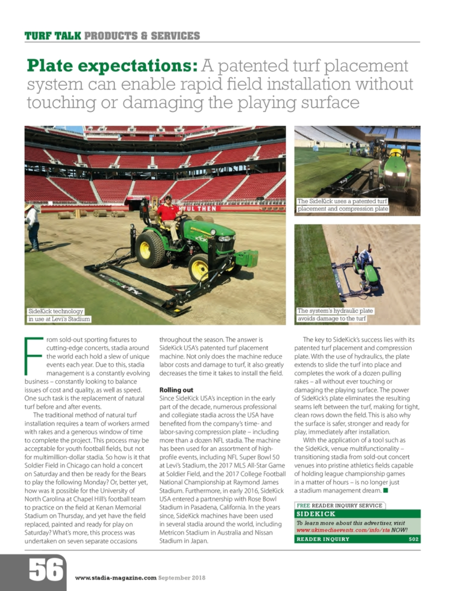 Check out <a href="/StadiaMagazine/">StadiaMagazine</a>'s feature about the SideKick! #SIDEKICKUSA #RealTurfRealTight #StadiaMagazine #TurfGrass #SportsTurf #STMA #NFL #MLB #MLS #NCAA 

Click on the link to see the full issue: ukimediaevents.com/publication/e8…