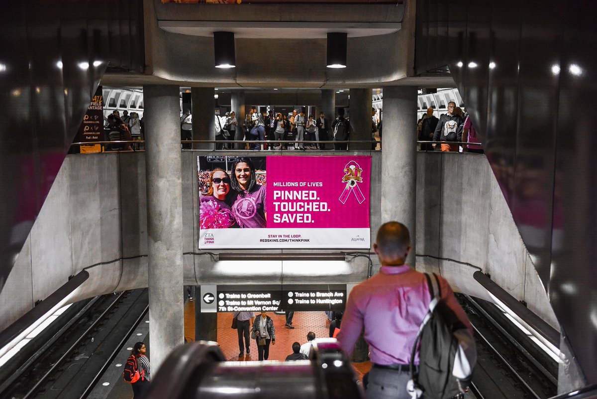 Commanders's tweet image. Check out the Think Pink takeover at the Gallery Place Metro Station! 

All month long help us bring greater attention to Breast Cancer &amp;amp; keep loved ones in the loop:  redsk.in/2zTsfcS

#RedskinsThinkPink