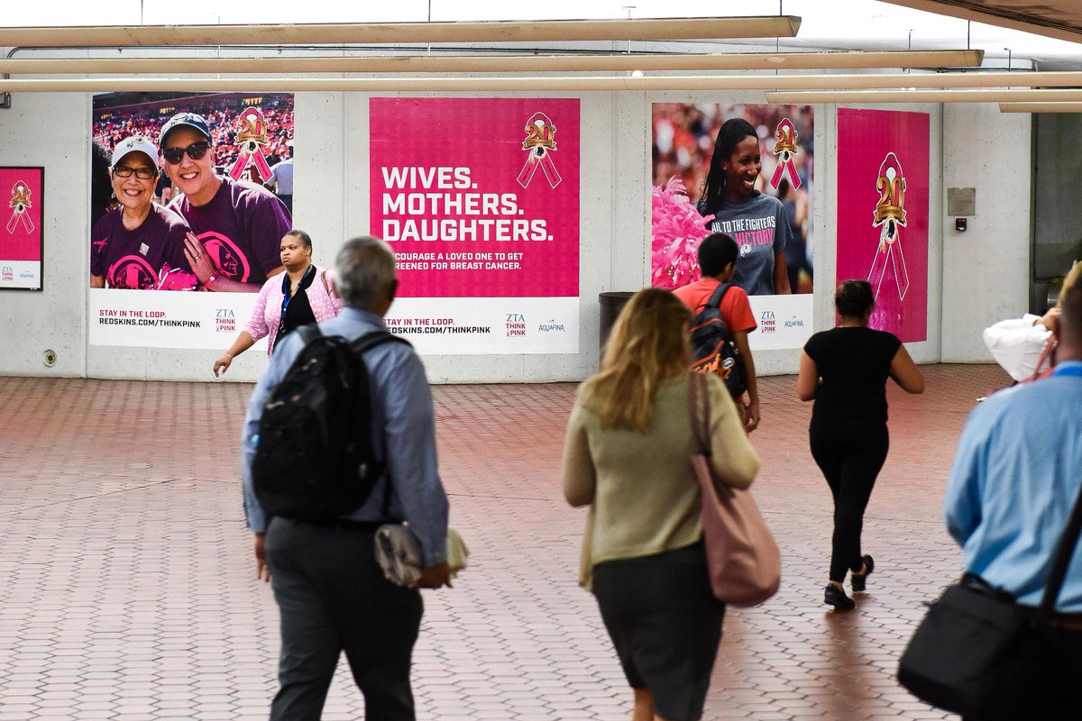 Commanders's tweet image. Check out the Think Pink takeover at the Gallery Place Metro Station! 

All month long help us bring greater attention to Breast Cancer &amp;amp; keep loved ones in the loop:  redsk.in/2zTsfcS

#RedskinsThinkPink