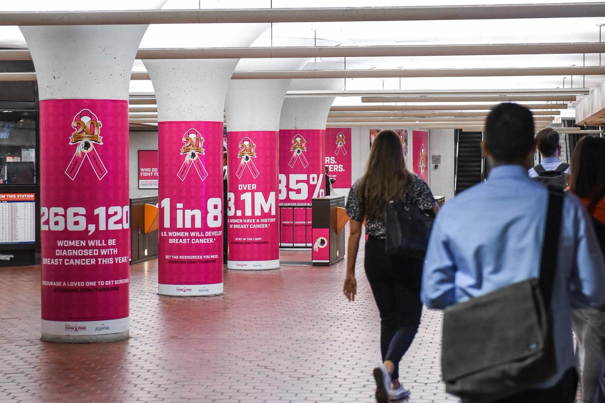 Commanders's tweet image. Check out the Think Pink takeover at the Gallery Place Metro Station! 

All month long help us bring greater attention to Breast Cancer &amp;amp; keep loved ones in the loop:  redsk.in/2zTsfcS

#RedskinsThinkPink