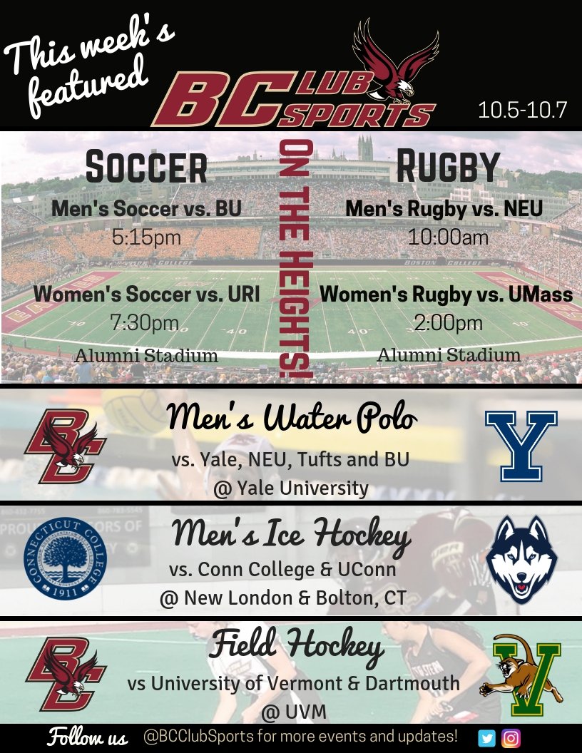 BCClubSports's tweet image. Another big weekend for our Club Sport teams! Stay tuned for more tweets about game times, locations and of course, updates! #WeAreBC @BCMensRugby @BCmensclubHC @bcclubsoccer @BCMensClubSocc @BCMensClubSocc @BCWRFC @BCMensWaterPolo