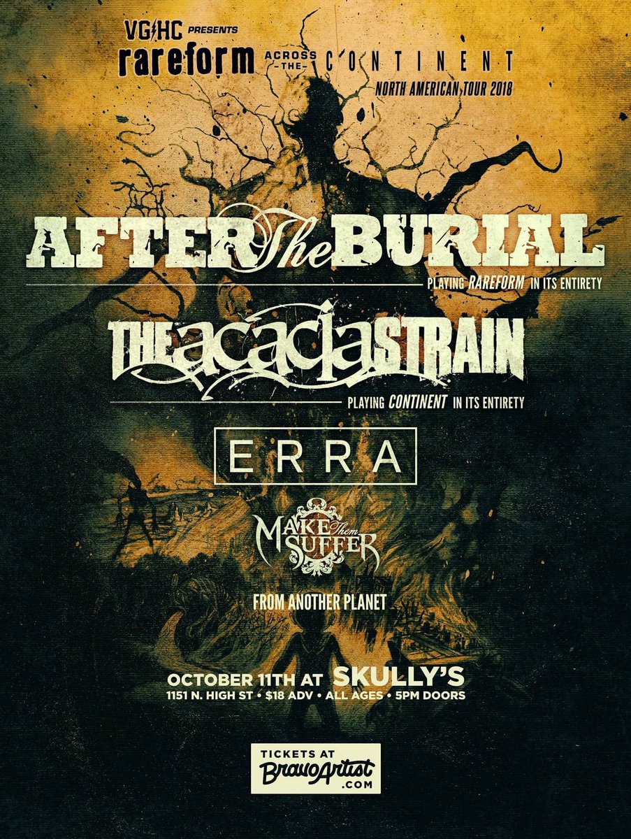 Coming up one week from today! Do you have your tickets yet? Hit us up anyway you can, we also have tickets at @apollorecordsohio if you’re in the Chillicothe area. #aftertheburial #theacaciastrain #erra #makethemsuffer #fap #metal