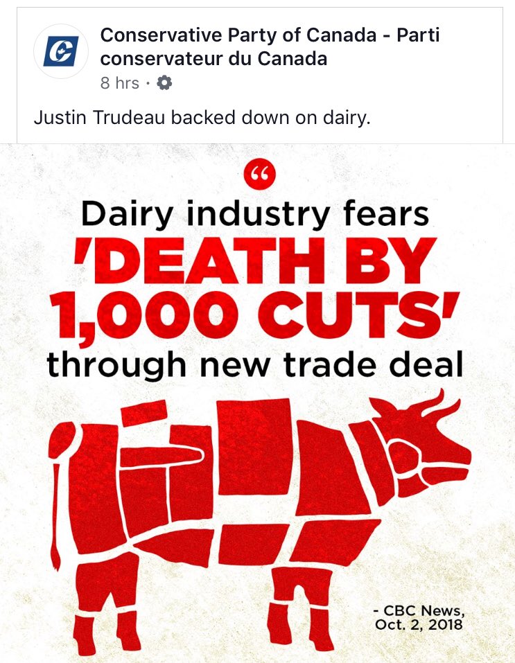 Dfildebrandt's tweet photo. This is the Tory line of attack on the USMCA? Allowing 3.6% of dairy to come from the US will kill the industry? When the Tories are anti-free trade and more protectionist than the Liberals, it’s time to ask ourselves if they still deserve our support. #ableg #cdnpoli https://t.co/9gZGgIOtnC
