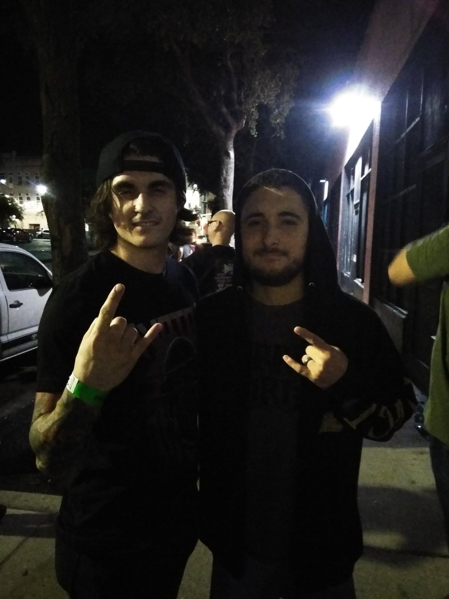 Zachyostdrums's tweet photo. Stoned chipmunk face with @alexbentdrums at @triviumband and @avatarmetal  last night. Super awesome show, super humble people. #trivium #theritz #ybor #avatar #metalhorns #stoned #chipmink #whydidImakethatface https://t.co/A6COKsfSK2
