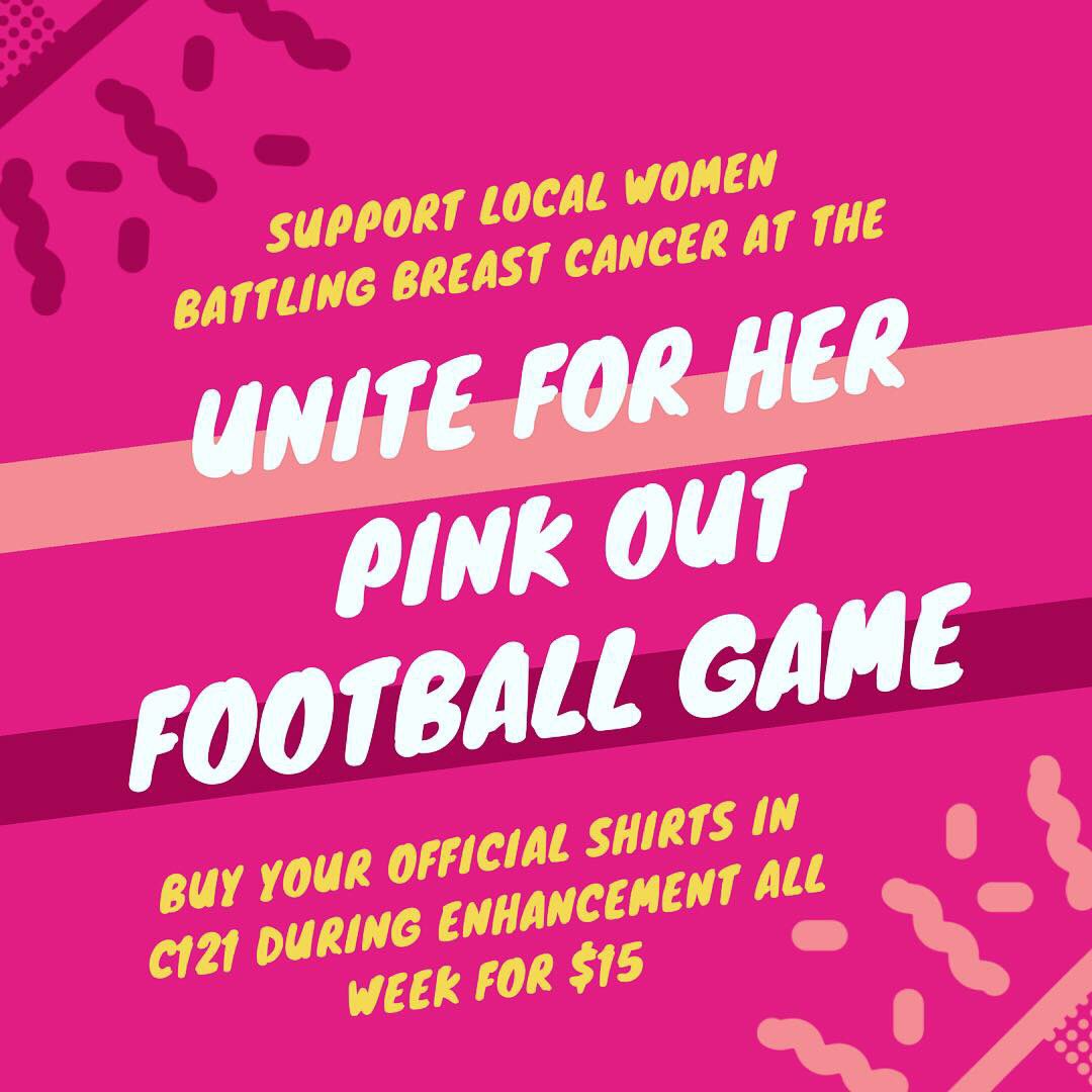 GV_SUFH's tweet photo. Come out tomorrow night for the Unite for HER Pink Football Game @ 7p! Purchase a Unite for HER shirt to show your support for a great cause &amp; Breast Cancer Awareness Month! Go Jags! https://t.co/BtrjVO0H05