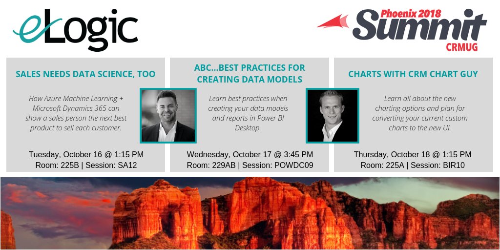 eLogicGroup's tweet photo. #DataScience ... #MachineLearning ... #PowerBI.  All at the @CRMUG Summit this year in three action-packed sessions led by Matt Lamb + Ulrik Carlsson from eLogic!  https://t.co/0FtIdmMYC1 https://t.co/KMG2MDw4uf