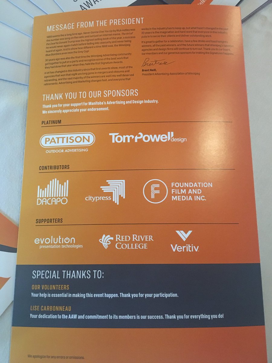 AdWinnipeg's tweet photo. Thanks to Pattison, Tom Powell Design, Dacapo, citypress, Foundation Film, Evolution, Red River College and Veritiv for sponsoring #Sigs2018 https://t.co/9PMZZ5SU6z