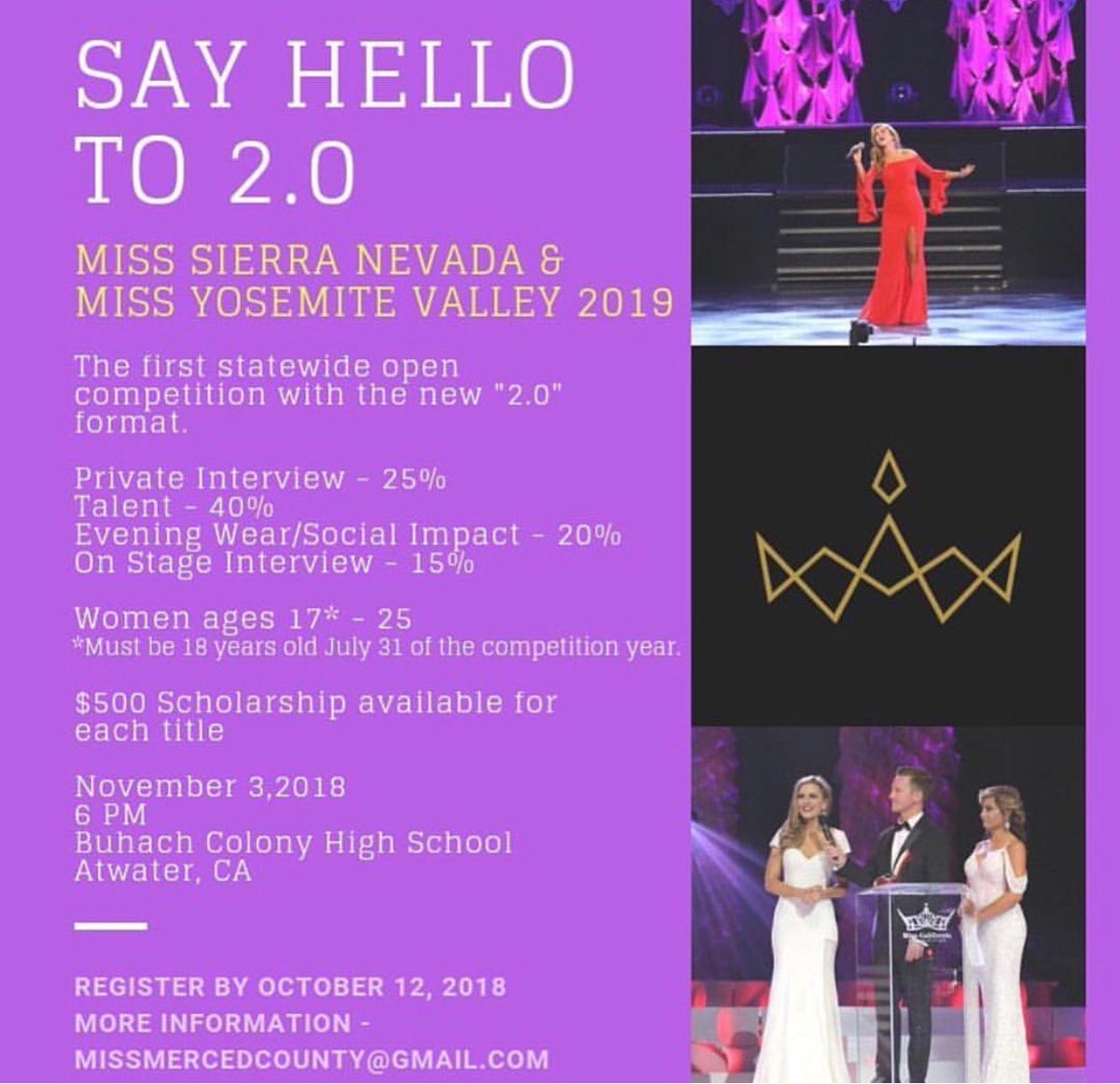 MissCAOrg's tweet image. The first prelim competition to use the new #MissAmerica 2.0 scoring will be @MissSierraNevCA held on November 3rd. Sign up today,  it’s open to all young women in #California #ByeByeBikini #Scholarship #Service #Compete #MissCalifornia #MissYosemiteValley #MissSierraNevada