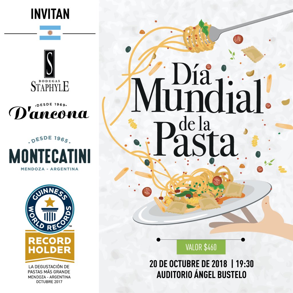 bodegastaphyle's tweet photo. #Mendoza #DíaMundialdelasPastas #Sáb #20Oct Auditorio Bustelo.Disfrutá de las pastas de #Montecatini y #Dancona y de los #Vinos #Staphyle.
Conseguí tu entrada en los locales Dancona y Montecatini, o vía online en el siguiente link: https://t.co/90FSOvyk5w @GWR https://t.co/QBGSOQzo5E